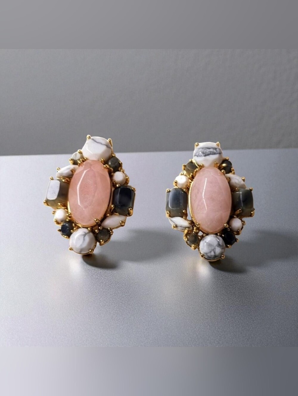 Vintage rose quartz muilt stones gold tone statement earrings